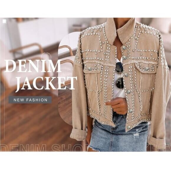 NEW APA Denim Studded Boyfriend Frayed Trucker Oversized Utility Jacket Khaki … - Picture 2 of 11